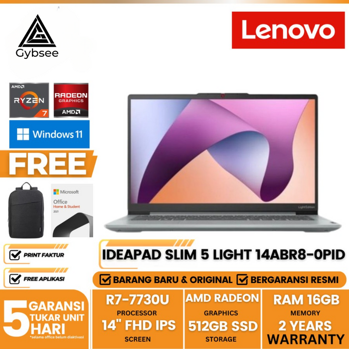 LENOVO IDEAPAD SLIM 5 LIGHT 14ABR8 0PID GREY AMD RYZEN 7-7730U 16GB 512GB W11+OHS