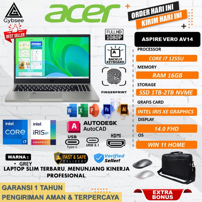 Acer Aspire VERO AV14 Intel Core Evo I7 1255U Ram 16GB 1TB SSD 14 inch FHD Win11