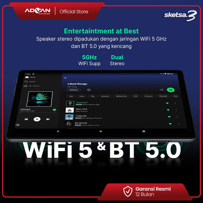 Advan Tab Sketsa 3 Layar 10.1” HD IPS 128GB+RAM 6GB Tiger T606 Android 13 Dual Sim Card Free Keyboard & Stylus Pen