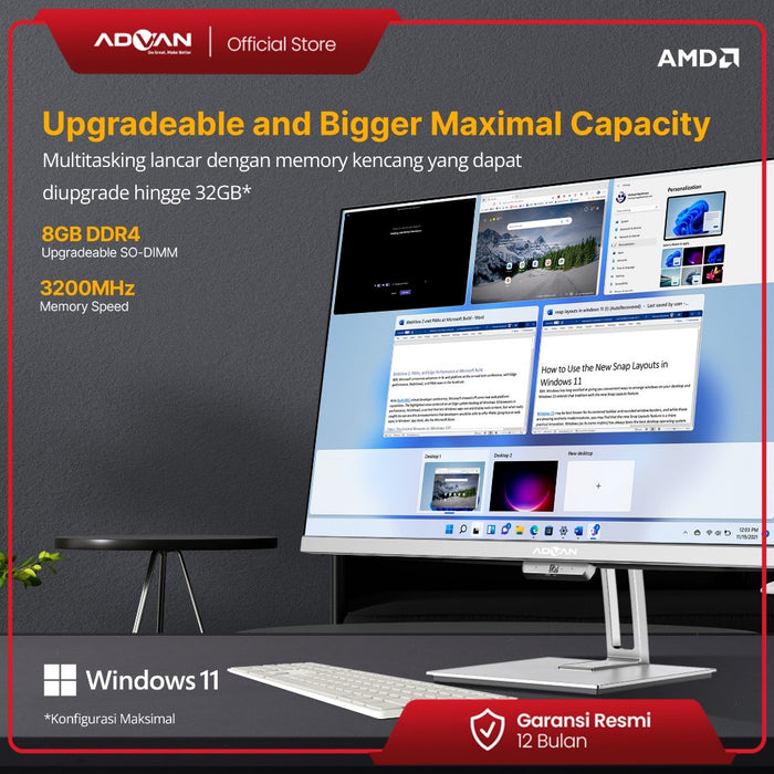 Advan komputer All In One PC AIO OnePC AMD RYZEN 5 5500U 8+512GB Windows 11 24 Inch Full HD 99% SRGB
