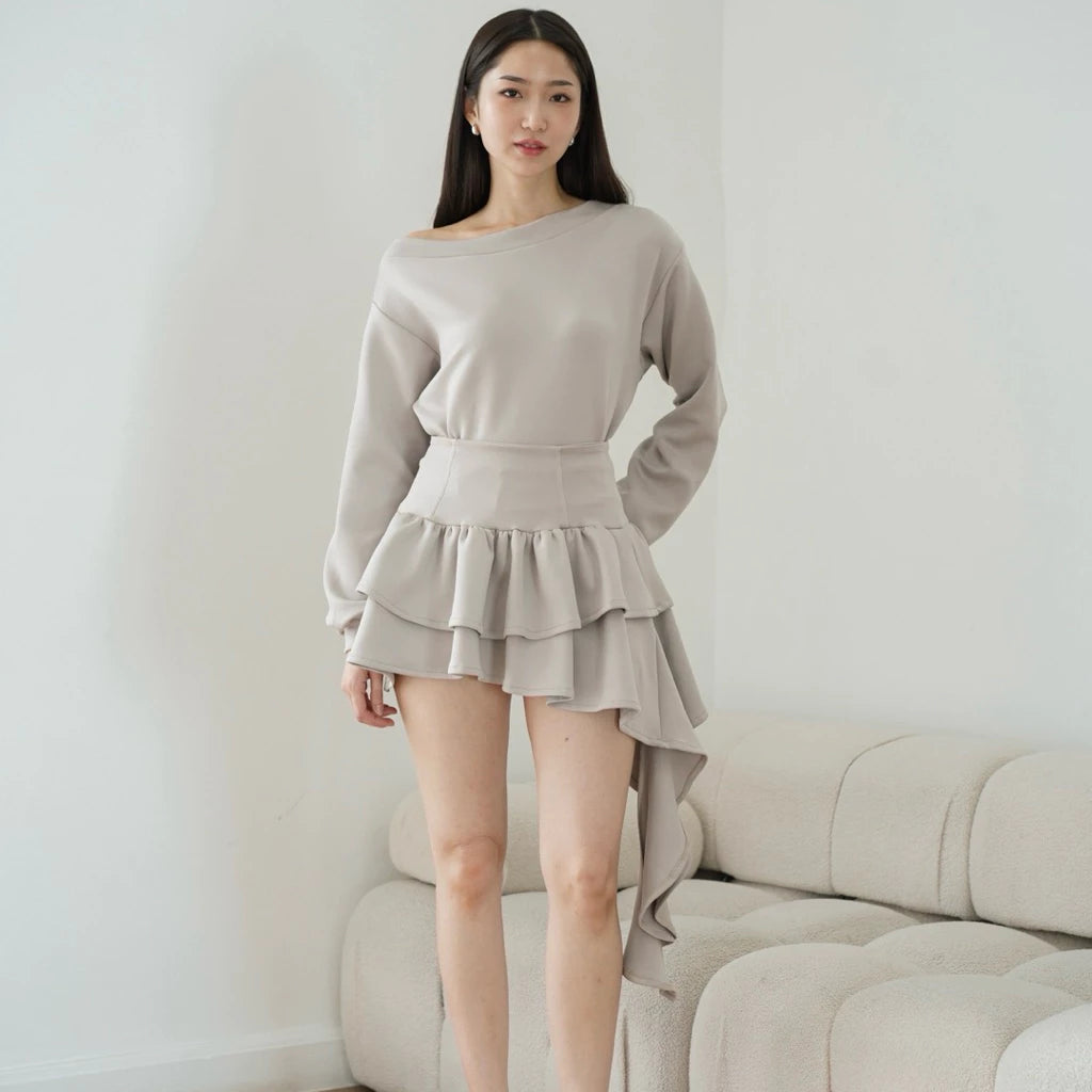 ASHLEY SET - TOP SKORT ATASAN ROK WANITA ASSYMETRİC STRETCH OVERSIZE ONE OFF SHOULDER SABRINA HOODIE SWEATER