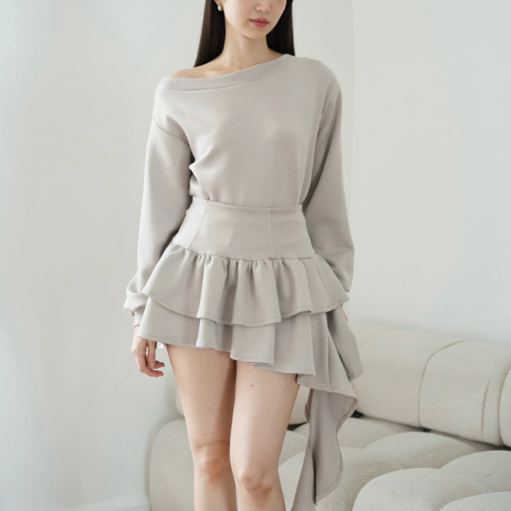 ASHLEY SET - TOP SKORT ATASAN ROK WANITA ASSYMETRİC STRETCH OVERSIZE ONE OFF SHOULDER SABRINA HOODIE SWEATER