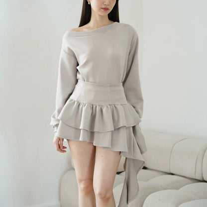 ASHLEY SET - TOP SKORT ATASAN ROK WANITA ASSYMETRİC STRETCH OVERSIZE ONE OFF SHOULDER SABRINA HOODIE SWEATER