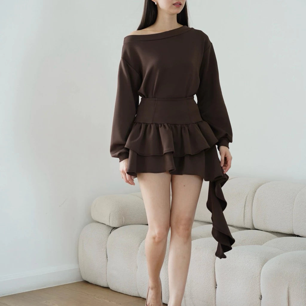 ASHLEY SET - TOP SKORT ATASAN ROK WANITA ASSYMETRİC STRETCH OVERSIZE ONE OFF SHOULDER SABRINA HOODIE SWEATER