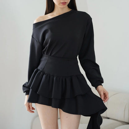 ASHLEY SET - TOP SKORT ATASAN ROK WANITA ASSYMETRİC STRETCH OVERSIZE ONE OFF SHOULDER SABRINA HOODIE SWEATER
