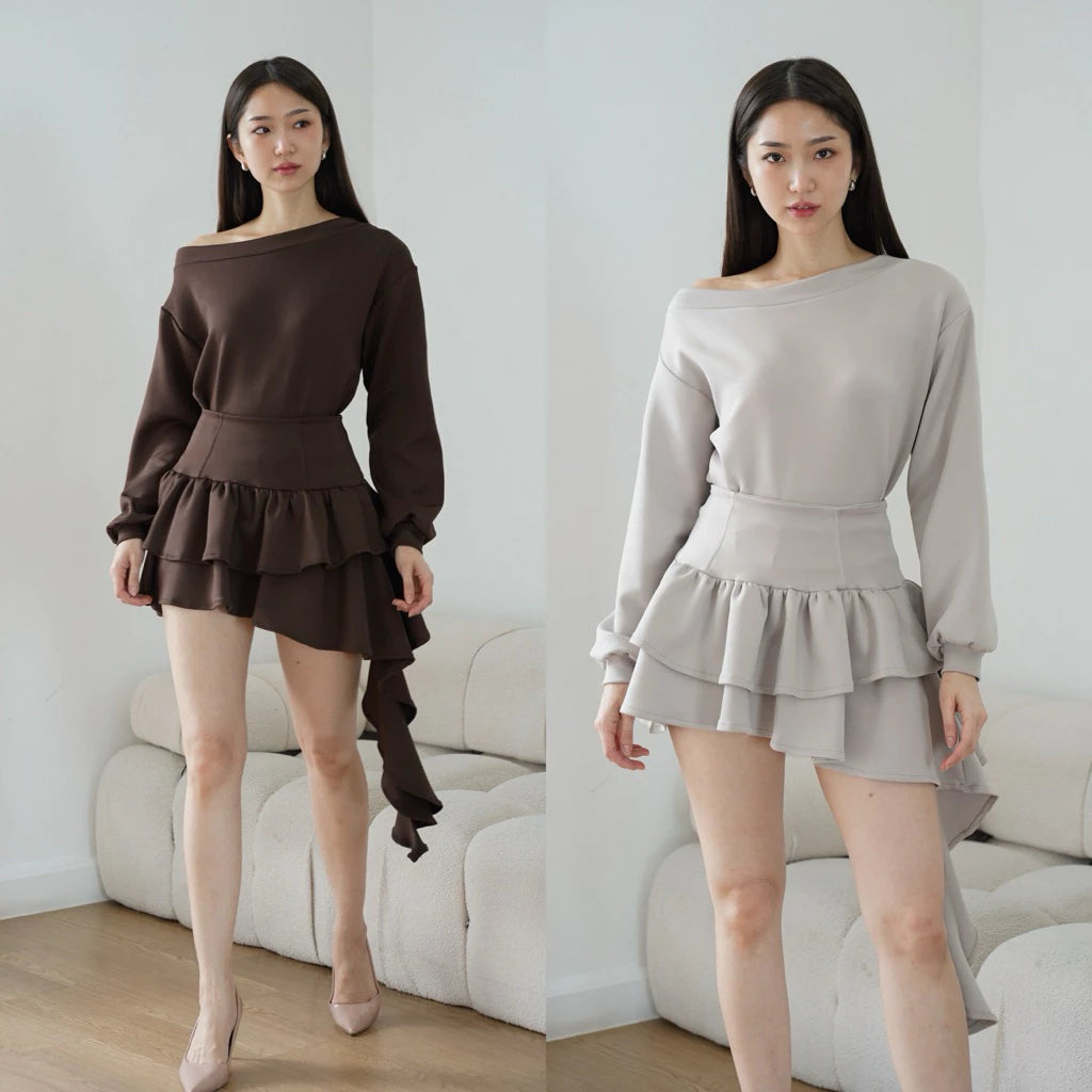 ASHLEY SET - TOP SKORT ATASAN ROK WANITA ASSYMETRİC STRETCH OVERSIZE ONE OFF SHOULDER SABRINA HOODIE SWEATER