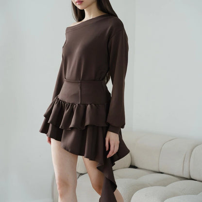 ASHLEY SET - TOP SKORT ATASAN ROK WANITA ASSYMETRİC STRETCH OVERSIZE ONE OFF SHOULDER SABRINA HOODIE SWEATER