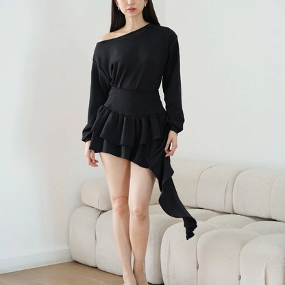 ASHLEY SET - TOP SKORT ATASAN ROK WANITA ASSYMETRİC STRETCH OVERSIZE ONE OFF SHOULDER SABRINA HOODIE SWEATER