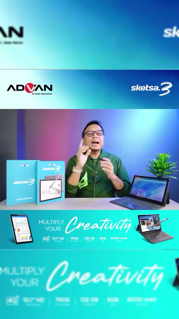 Advan Tab Sketsa 3 Layar 10.1” HD IPS 128GB+RAM 6GB Tiger T606 Android 13 Dual Sim Card Free Keyboard & Stylus Pen