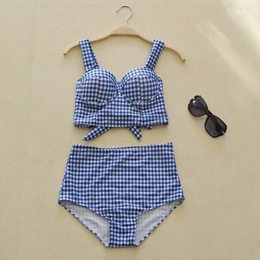 Swimsuit Set High Waist Ikatan Pita Kotak-Kotak