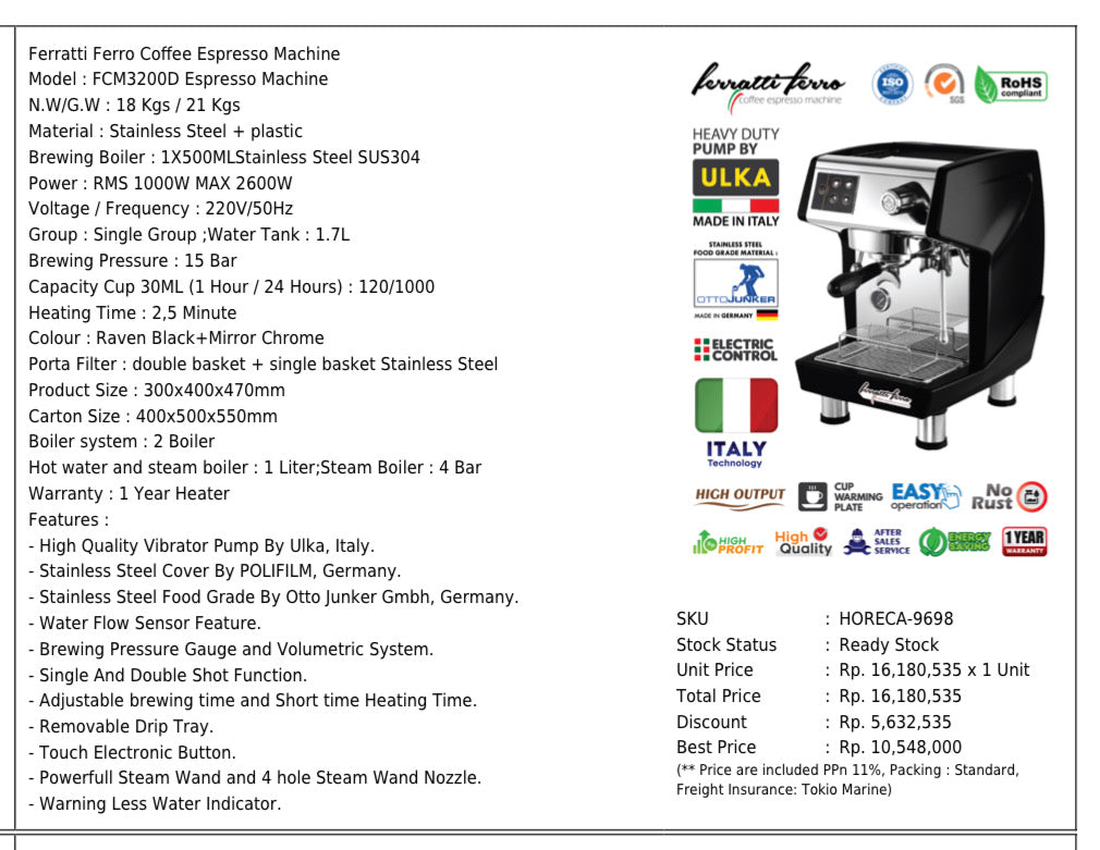 Ferratti Ferro Espresso Machine FCM3200D