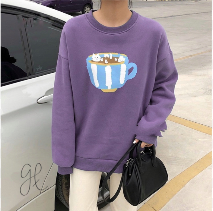 Basic Sweater Cup Tea Kitty Korean Unisex