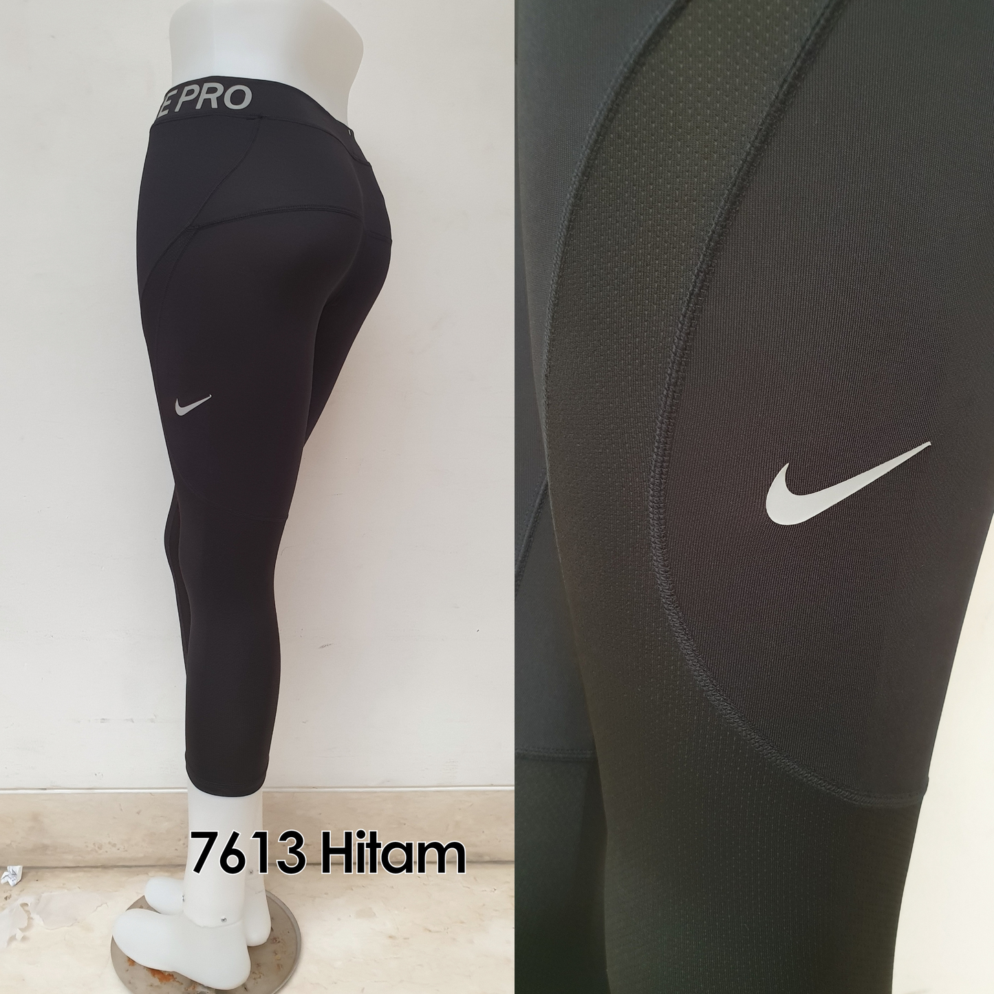 Celana Legging Sport Wanita 7/8 Nike Adidas PREMIUM Grade Ori Gym Lari - 7613 HITAM, L