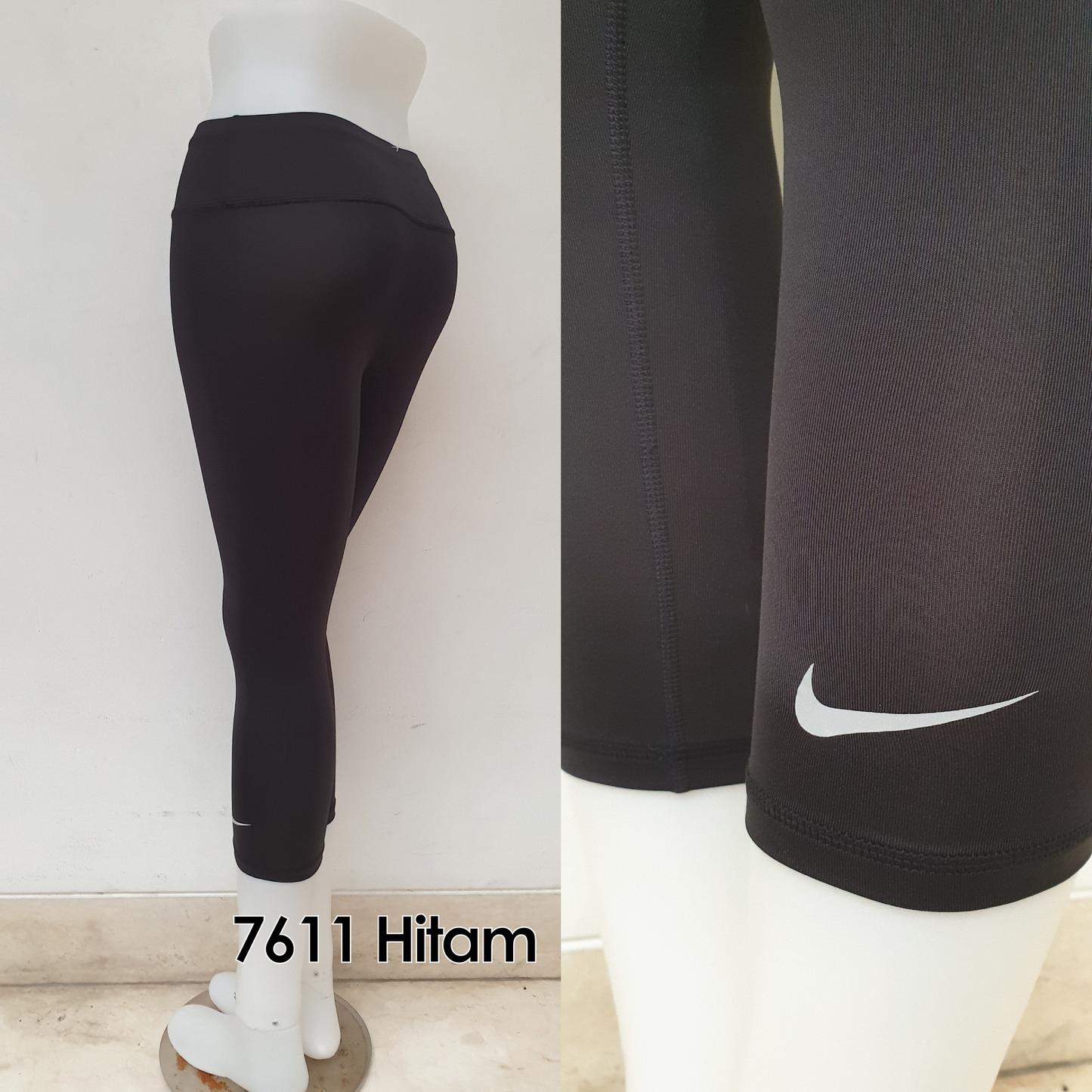 Celana Legging Sport Wanita 7/8 Nike Adidas PREMIUM Grade Ori Gym Lari - 7613 HITAM, L