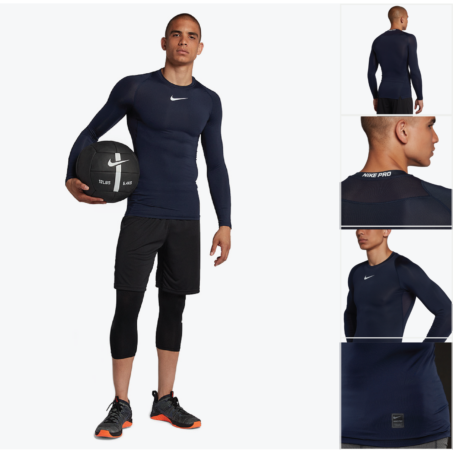 BASELAYER MANSET NIKE PRO PANJANG GRADE ORI BOLA LARI SEPEDA - Nike Leher Navy, L